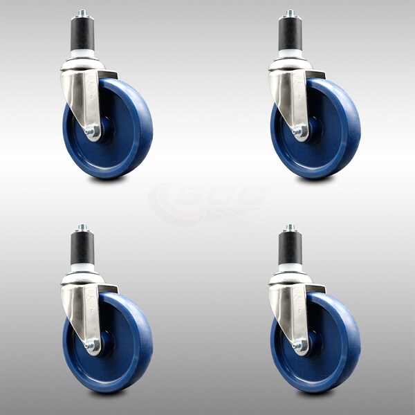 5 Inch 316SS Solid Polyurethane Swivel 1-5/8 Inch Expanding Stem Caster Set SCC